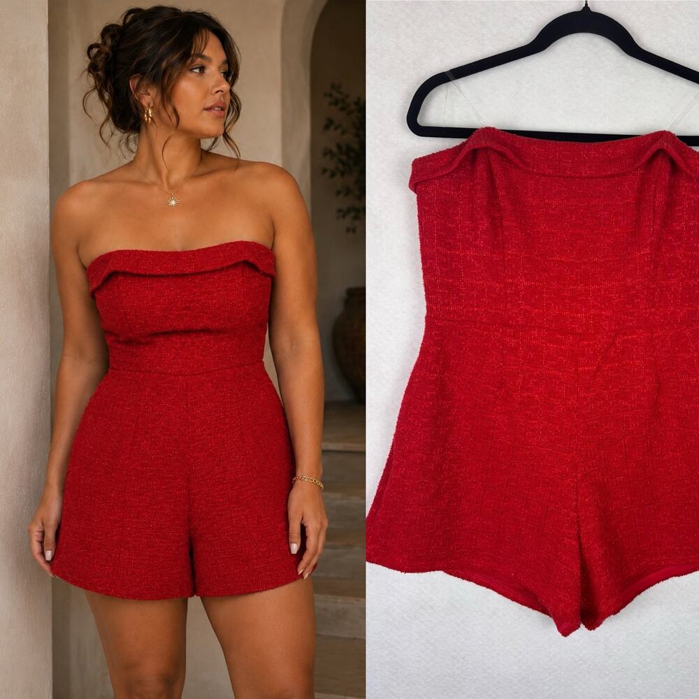 Altar’d State Red Tweed Strapless Romper XL Metallic Boucle Holiday Party